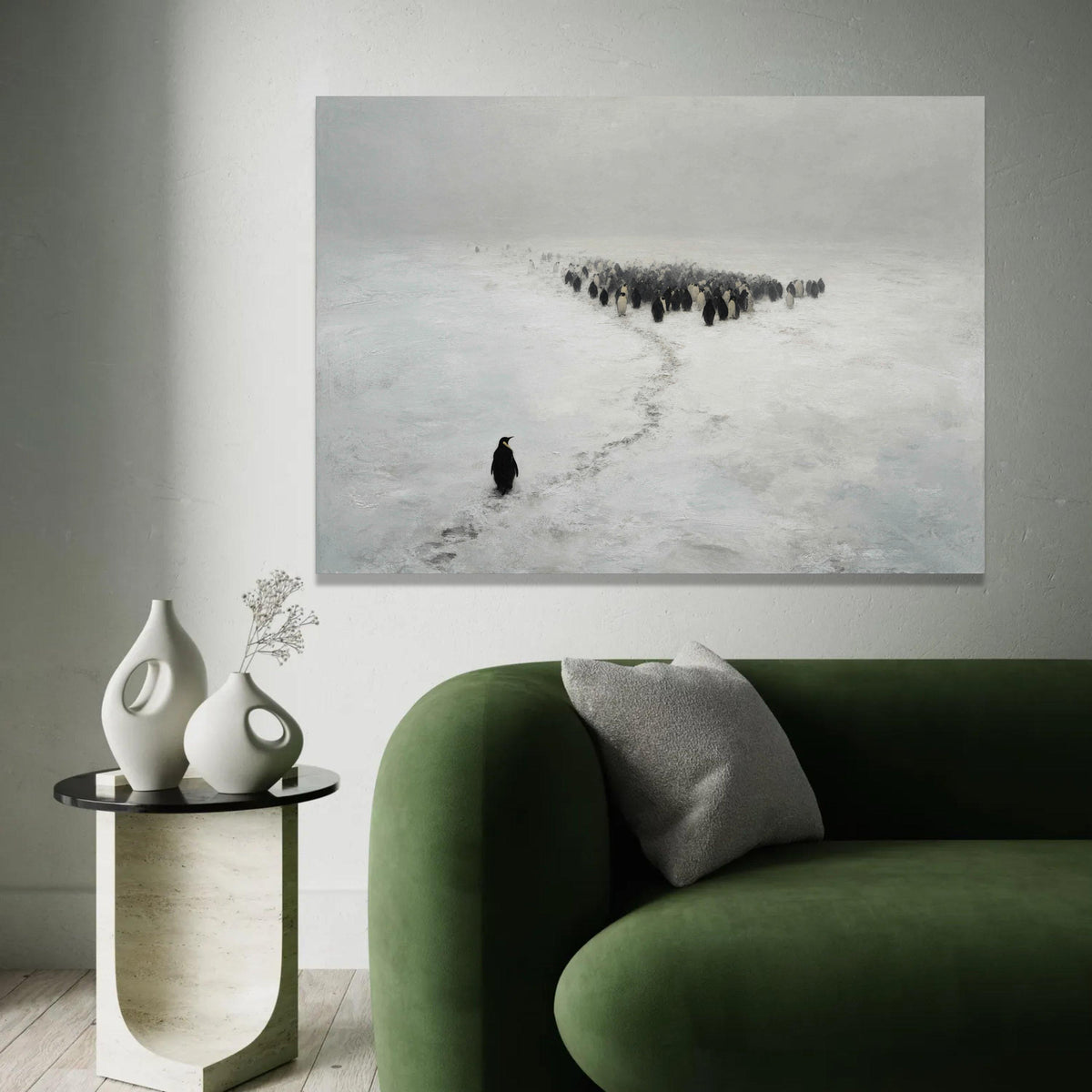 Solitary Penguin in Snow Canvas Wall Art, Arctic Wildlife Scene, Minimalist Animal Nature Canvas, Winter Landscape Ready To Hang Decoration