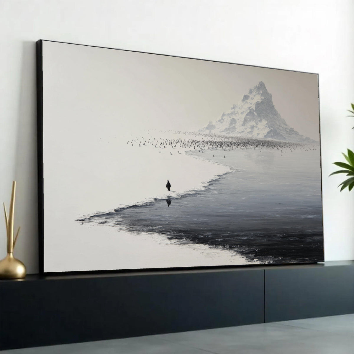 Solitary Penguin Journey, Snowy Antarctic Mountain Canvas, Minimalist Wildlife Wall Art, Black and White Nature Ready To Hang Decoration