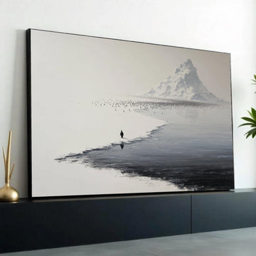 Solitary Penguin Journey, Snowy Antarctic Mountain Canvas, Minimalist Wildlife Wall Art, Black and White Nature Ready To Hang Decoration