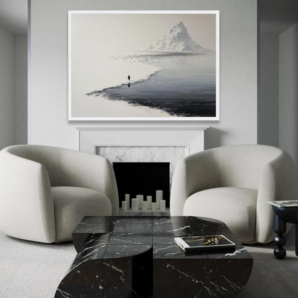 Solitary Penguin Journey, Snowy Antarctic Mountain Canvas, Minimalist Wildlife Wall Art, Black and White Nature Ready To Hang Decoration