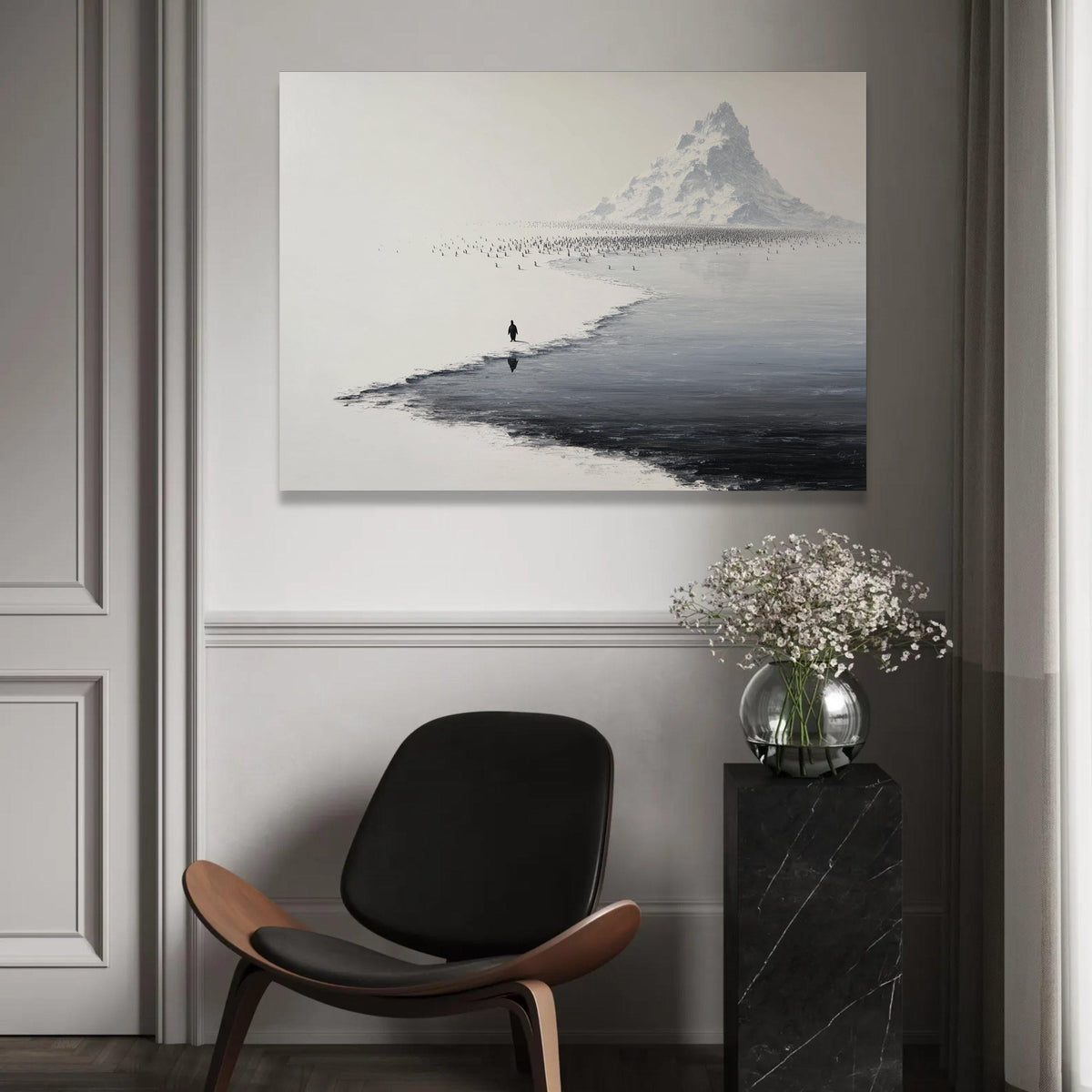 Solitary Penguin Journey, Snowy Antarctic Mountain Canvas, Minimalist Wildlife Wall Art, Black and White Nature Ready To Hang Decoration
