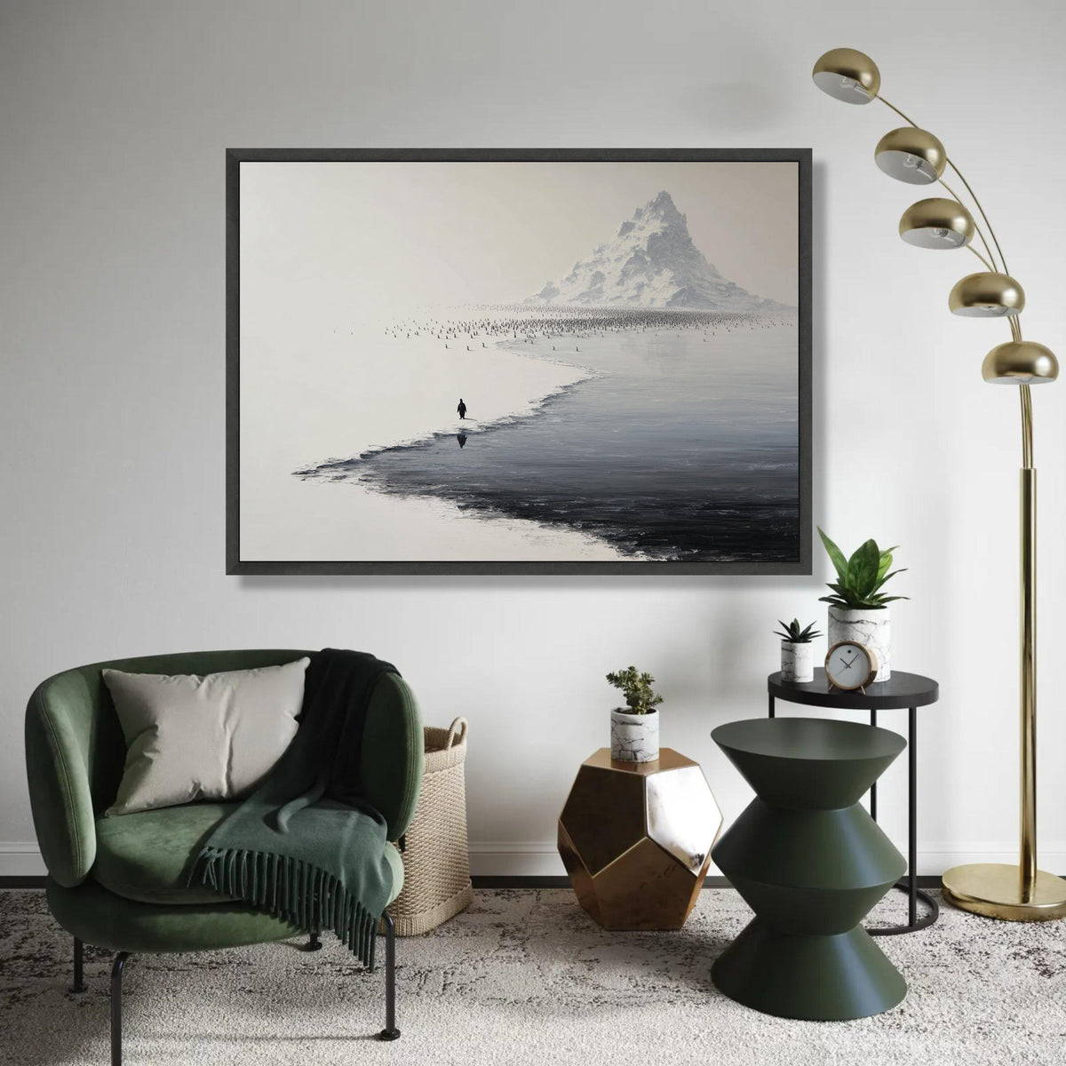 Solitary Penguin Journey, Snowy Antarctic Mountain Canvas, Minimalist Wildlife Wall Art, Black and White Nature Ready To Hang Decoration