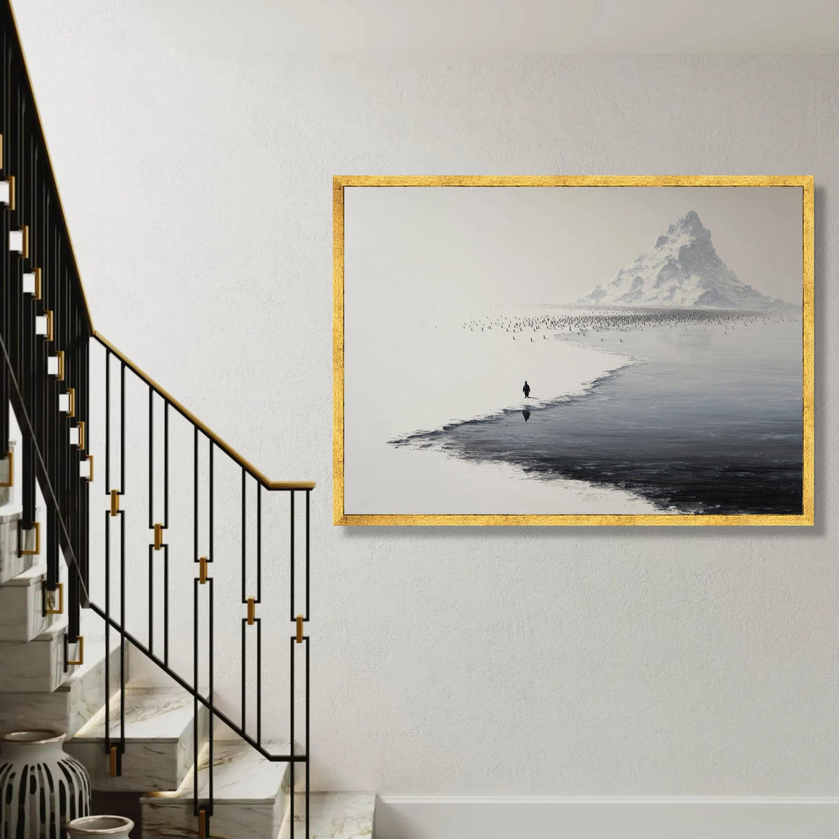 Solitary Penguin Journey, Snowy Antarctic Mountain Canvas, Minimalist Wildlife Wall Art, Black and White Nature Ready To Hang Decoration
