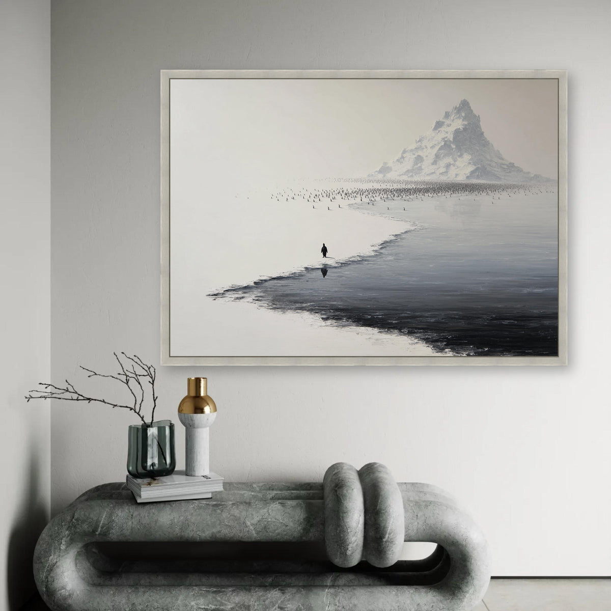 Solitary Penguin Journey, Snowy Antarctic Mountain Canvas, Minimalist Wildlife Wall Art, Black and White Nature Ready To Hang Decoration