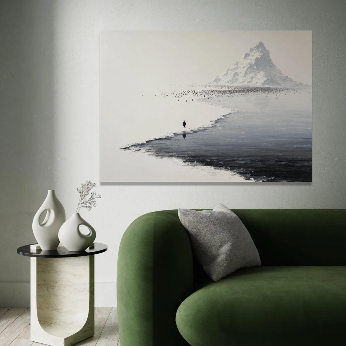 Solitary Penguin Journey, Snowy Antarctic Mountain Canvas, Minimalist Wildlife Wall Art, Black and White Nature Ready To Hang Decoration