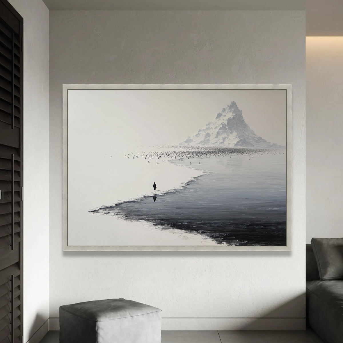 Solitary Penguin Journey, Snowy Antarctic Mountain Canvas, Minimalist Wildlife Wall Art, Black and White Nature Ready To Hang Decoration
