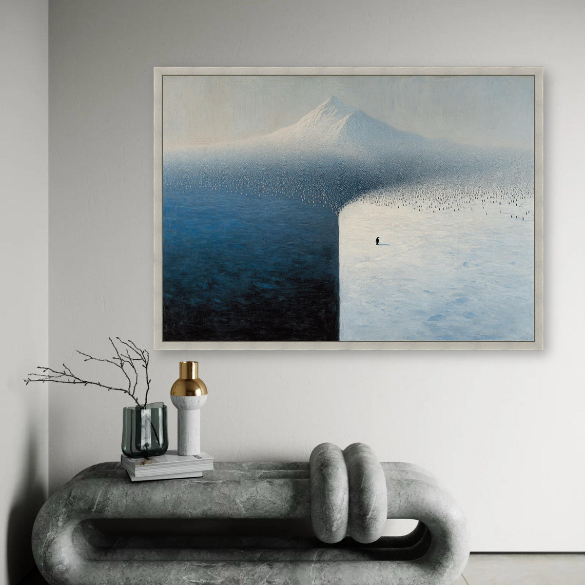 Solitary Penguin on Ice Field, Minimalist Antarctic Canvas, Snow and Ocean Landscape Wall Art, Modern Nature Canvas Ready To Hang Decoration