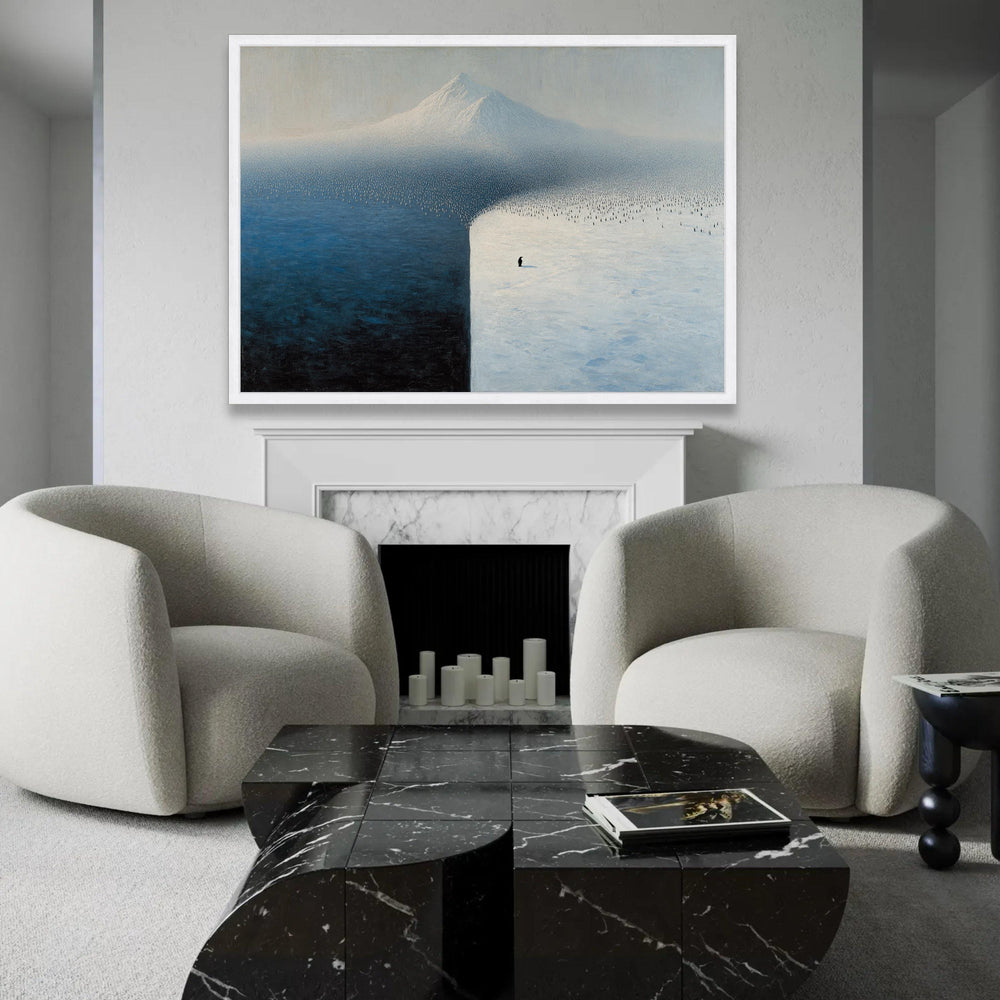 Solitary Penguin on Ice Field, Minimalist Antarctic Canvas, Snow and Ocean Landscape Wall Art, Modern Nature Canvas Ready To Hang Decoration