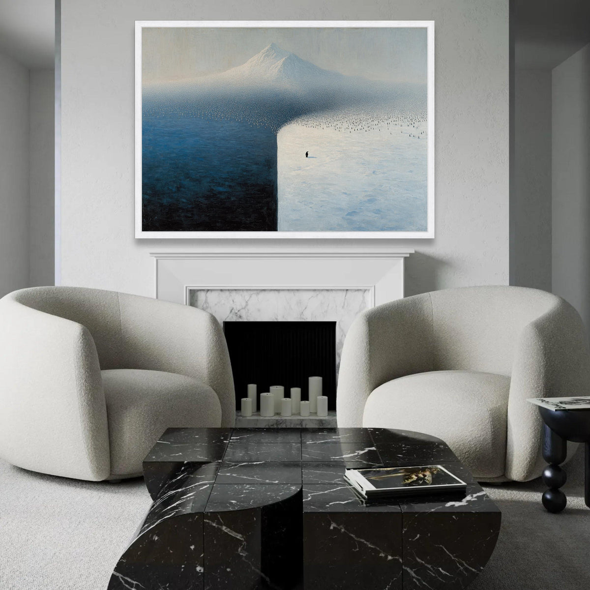 Solitary Penguin on Ice Field, Minimalist Antarctic Canvas, Snow and Ocean Landscape Wall Art, Modern Nature Canvas Ready To Hang Decoration