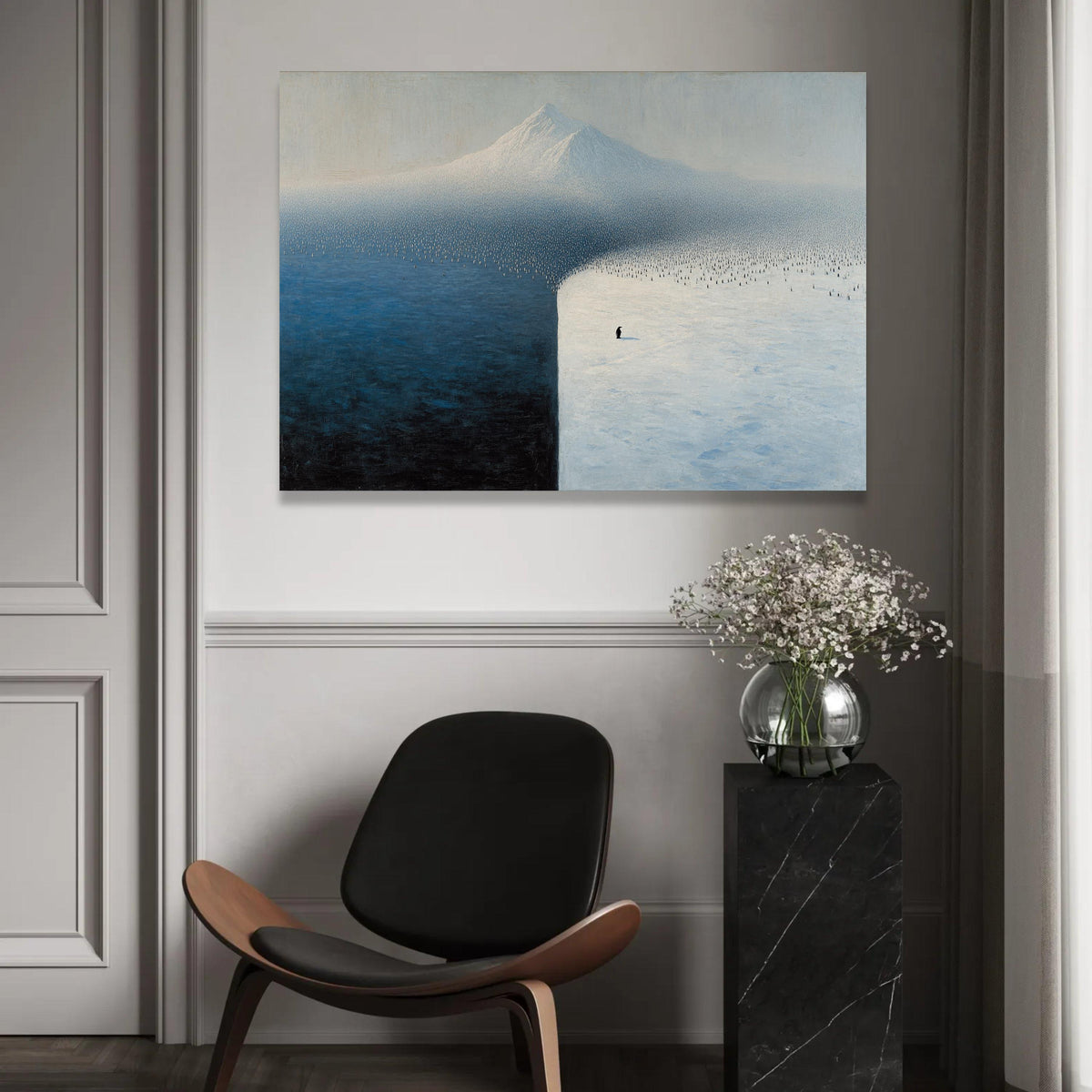 Solitary Penguin on Ice Field, Minimalist Antarctic Canvas, Snow and Ocean Landscape Wall Art, Modern Nature Canvas Ready To Hang Decoration