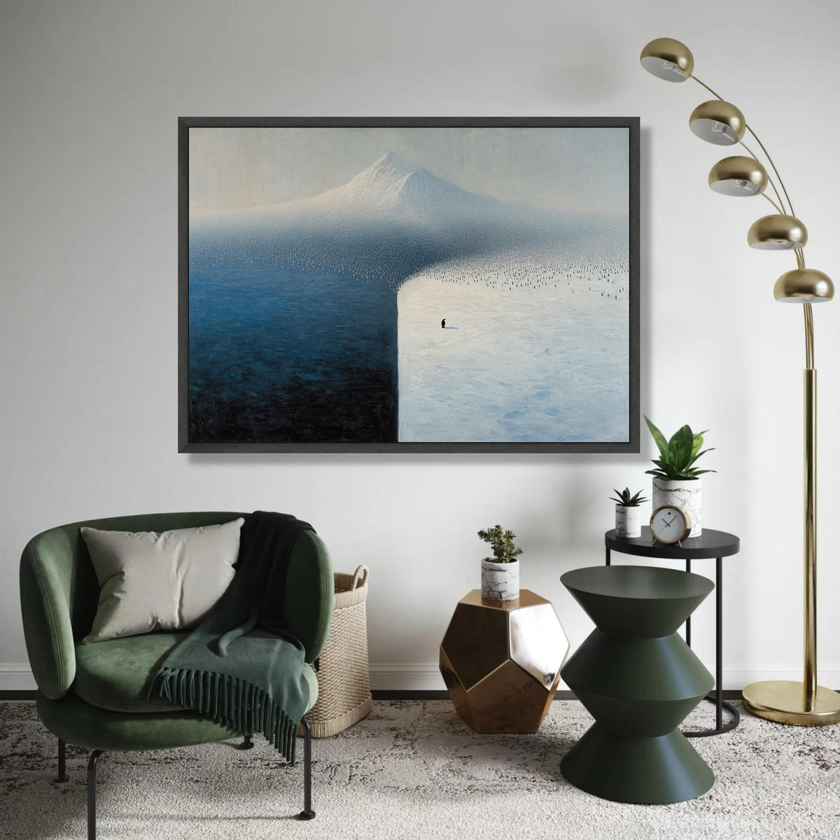 Solitary Penguin on Ice Field, Minimalist Antarctic Canvas, Snow and Ocean Landscape Wall Art, Modern Nature Canvas Ready To Hang Decoration
