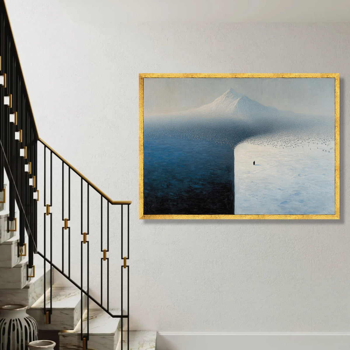 Solitary Penguin on Ice Field, Minimalist Antarctic Canvas, Snow and Ocean Landscape Wall Art, Modern Nature Canvas Ready To Hang Decoration