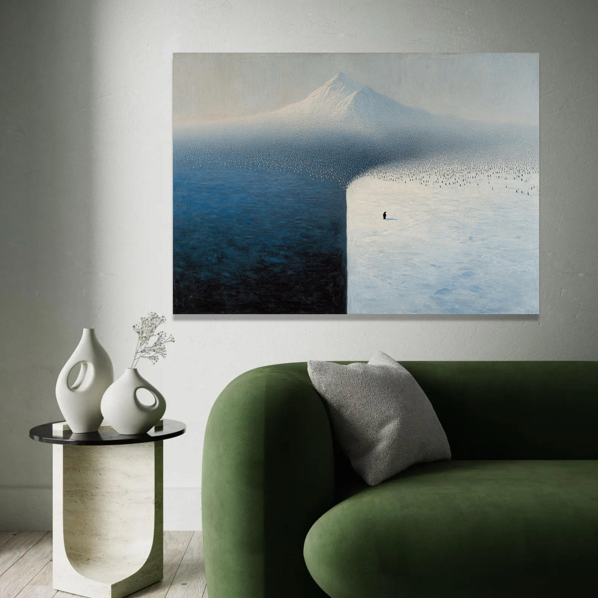 Solitary Penguin on Ice Field, Minimalist Antarctic Canvas, Snow and Ocean Landscape Wall Art, Modern Nature Canvas Ready To Hang Decoration