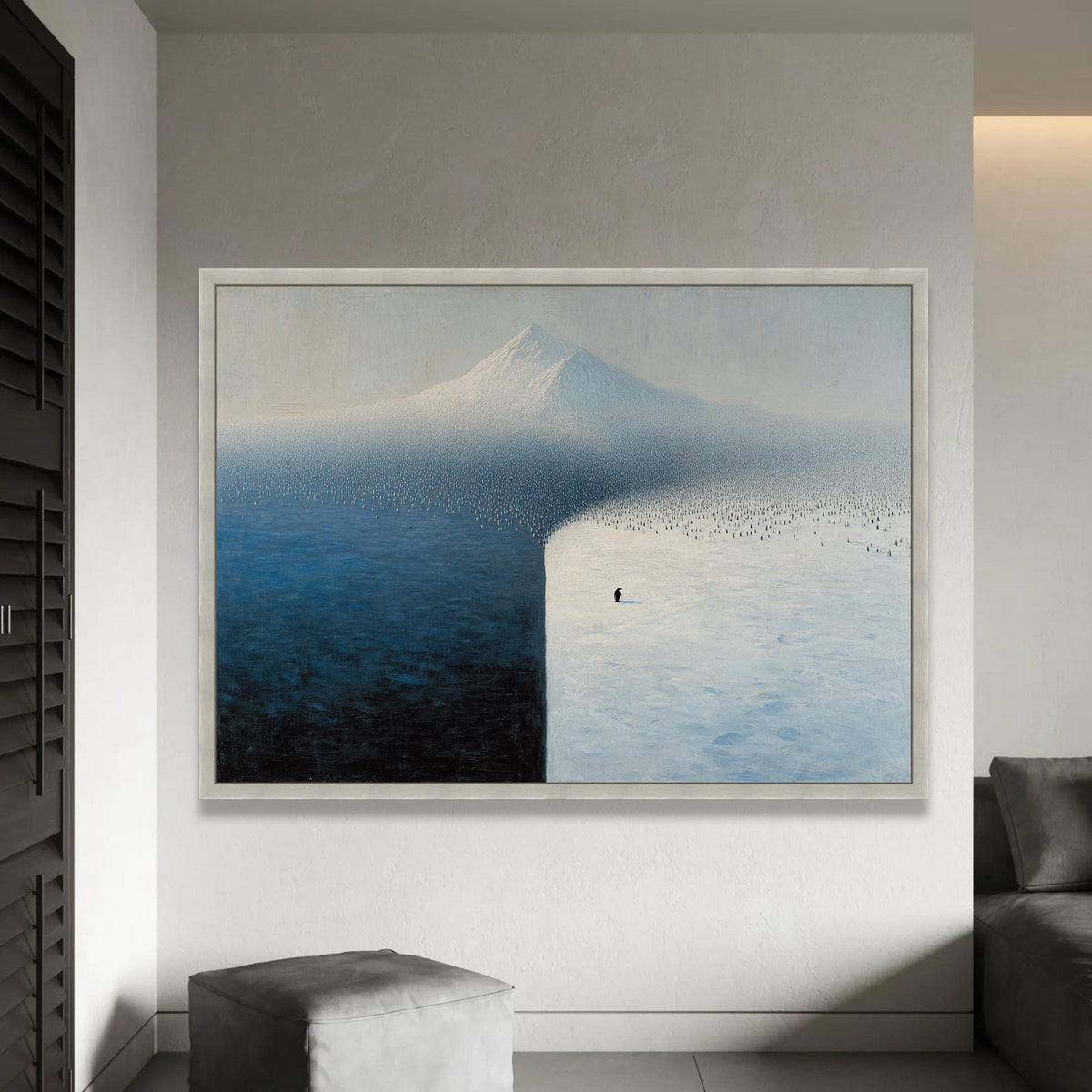 Solitary Penguin on Ice Field, Minimalist Antarctic Canvas, Snow and Ocean Landscape Wall Art, Modern Nature Canvas Ready To Hang Decoration