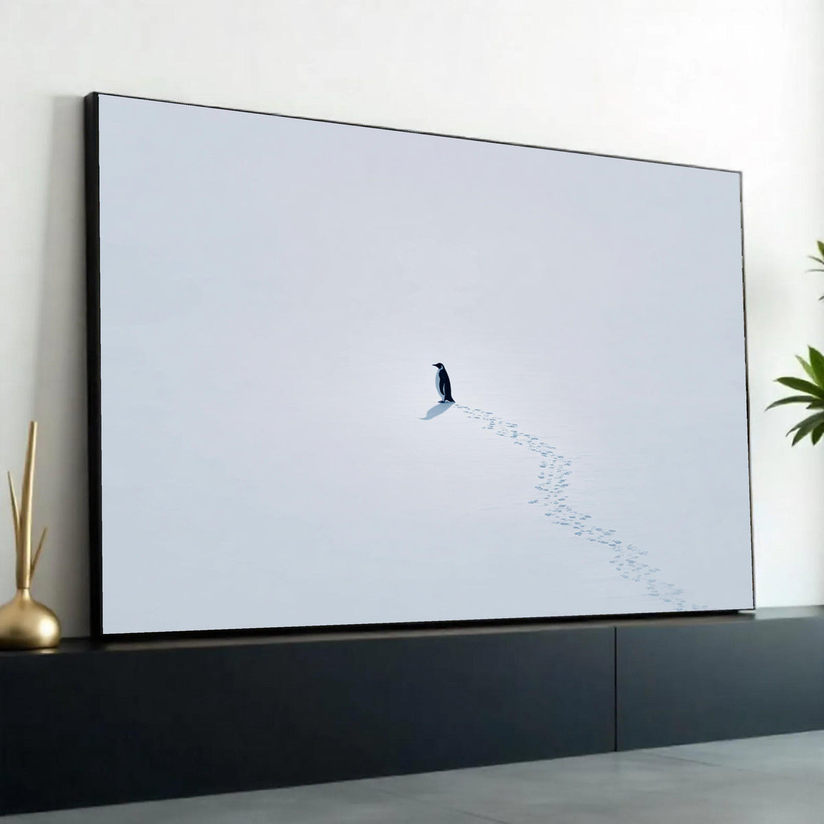 Lone Penguin on Snow Canvas, Minimalist Winter Scene Wall Art, Arctic Wildlife Print, White Snow Landscape Ready To Hang Decoration