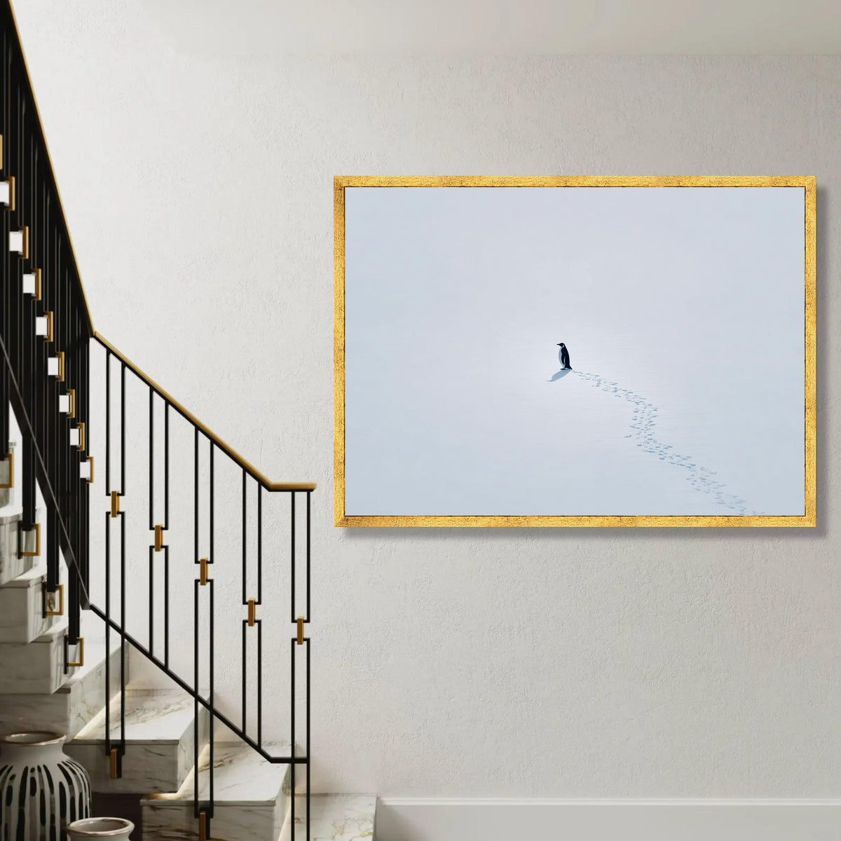 Lone Penguin on Snow Canvas, Minimalist Winter Scene Wall Art, Arctic Wildlife Print, White Snow Landscape Ready To Hang Decoration