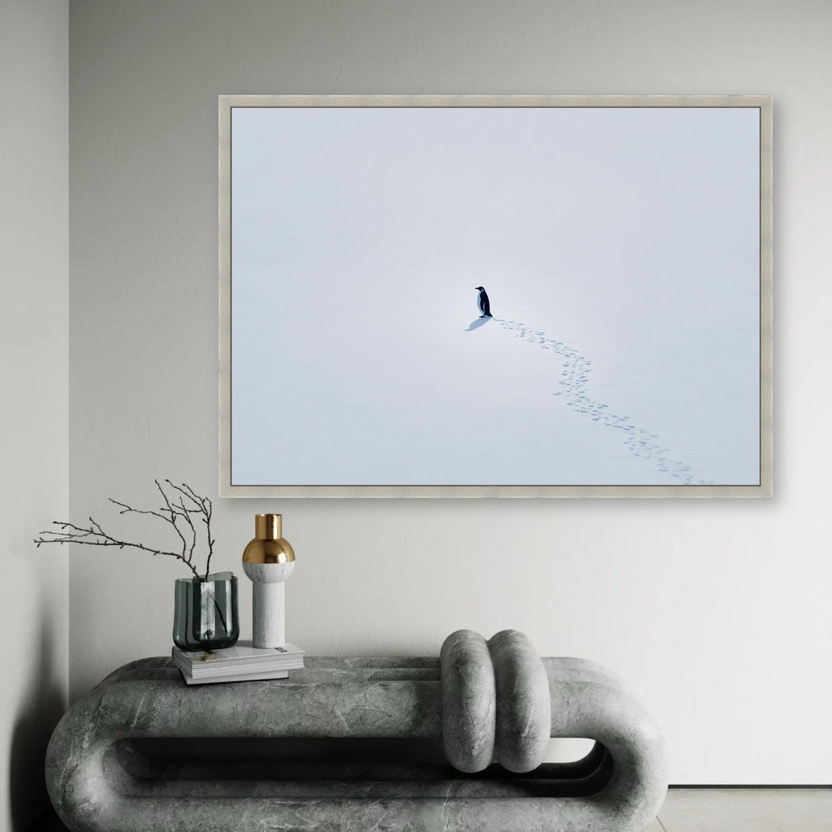 Lone Penguin on Snow Canvas, Minimalist Winter Scene Wall Art, Arctic Wildlife Print, White Snow Landscape Ready To Hang Decoration