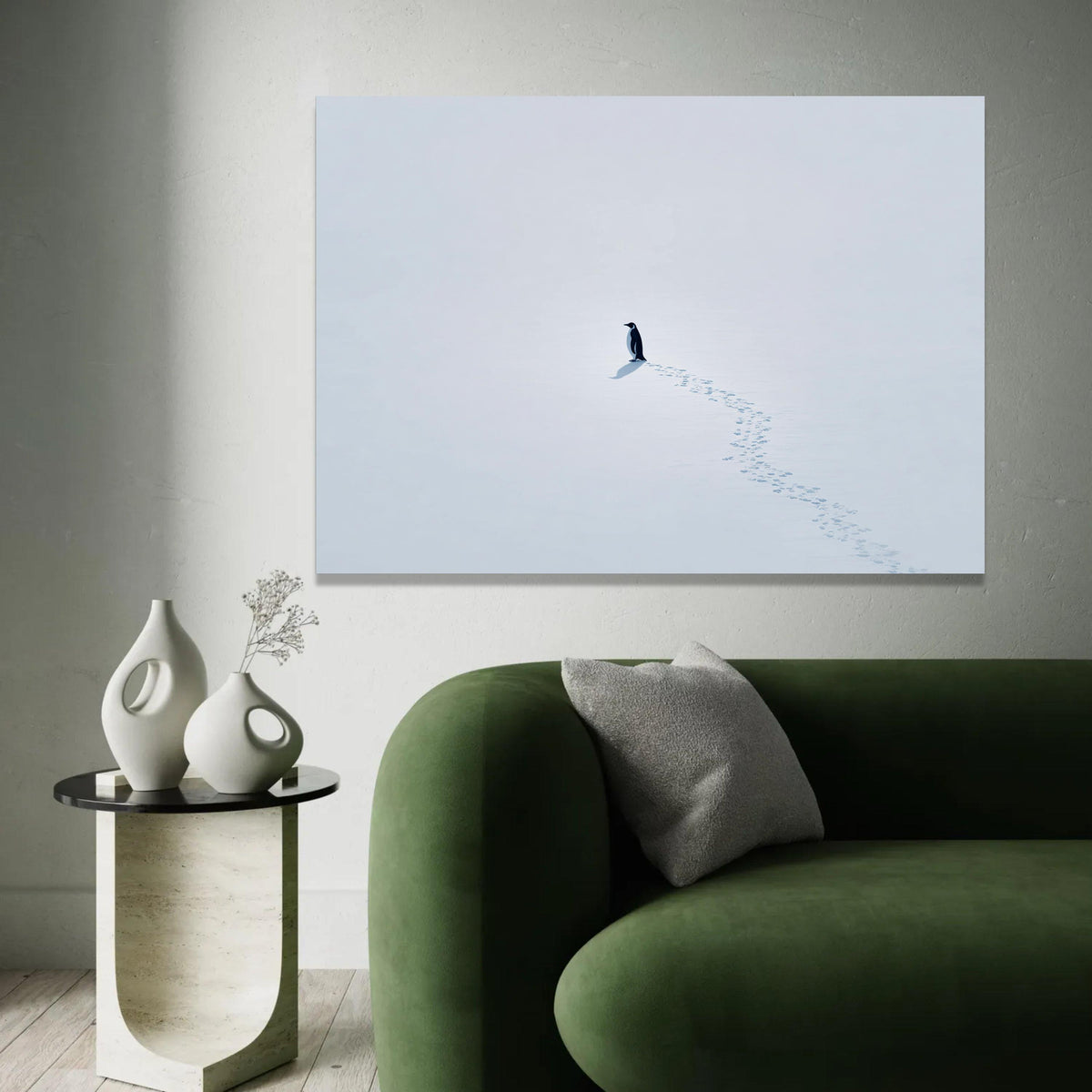 Lone Penguin on Snow Canvas, Minimalist Winter Scene Wall Art, Arctic Wildlife Print, White Snow Landscape Ready To Hang Decoration