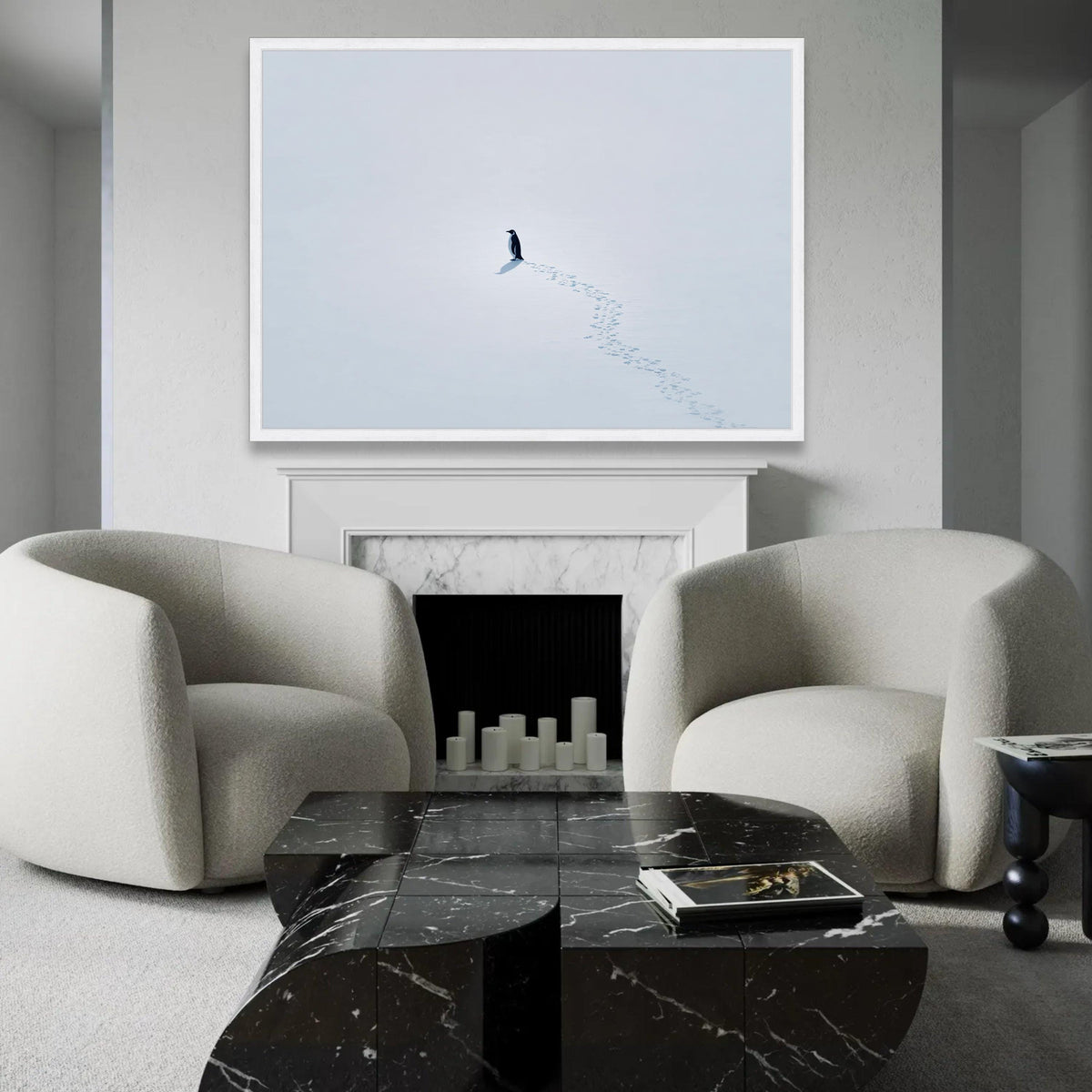 Lone Penguin on Snow Canvas, Minimalist Winter Scene Wall Art, Arctic Wildlife Print, White Snow Landscape Ready To Hang Decoration