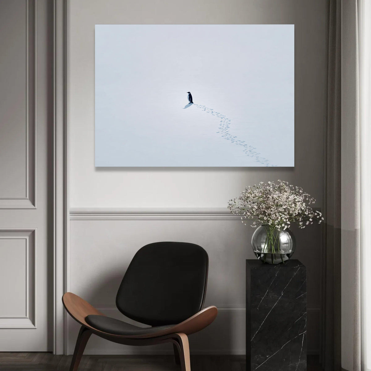 Lone Penguin on Snow Canvas, Minimalist Winter Scene Wall Art, Arctic Wildlife Print, White Snow Landscape Ready To Hang Decoration