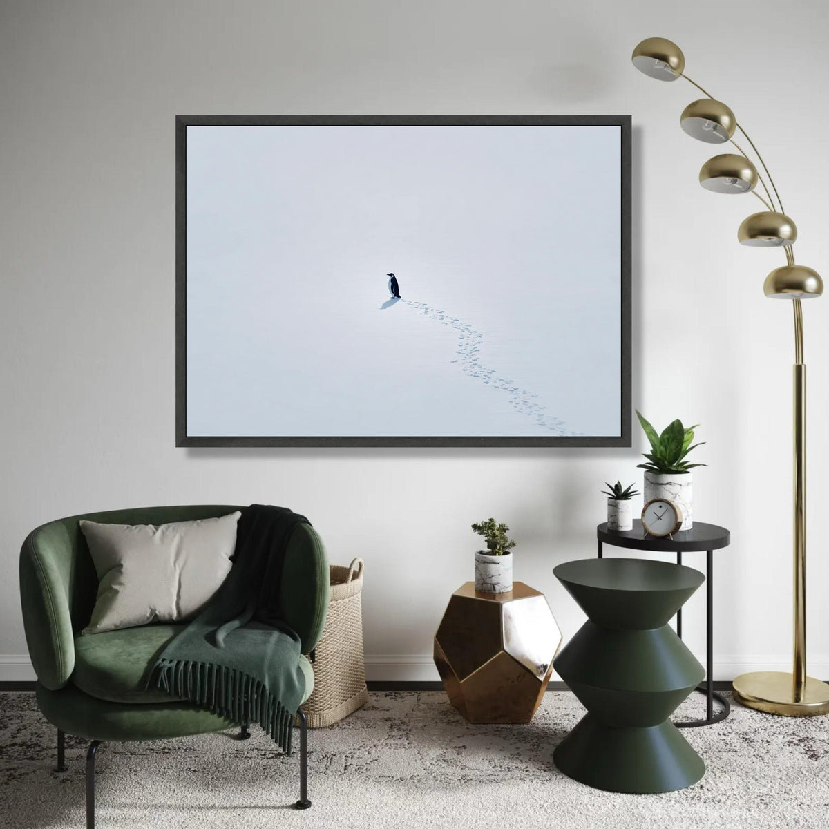Lone Penguin on Snow Canvas, Minimalist Winter Scene Wall Art, Arctic Wildlife Print, White Snow Landscape Ready To Hang Decoration