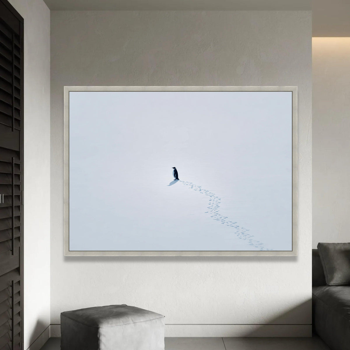 Lone Penguin on Snow Canvas, Minimalist Winter Scene Wall Art, Arctic Wildlife Print, White Snow Landscape Ready To Hang Decoration