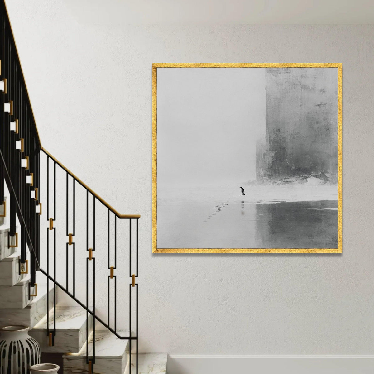 Minimalist Penguin Canvas Wall Art, Black and White Arctic Scene, Modern Animal Decor, Nature Photography Canvas, Ready To Hang Decoration