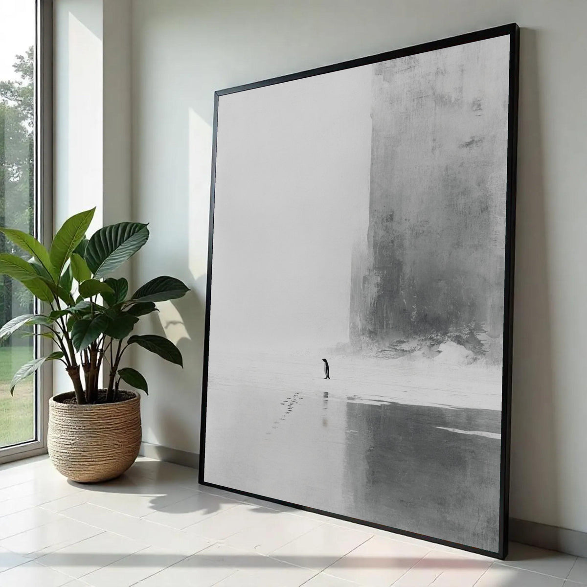 Minimalist Penguin Canvas Wall Art, Black and White Arctic Scene, Modern Animal Decor, Nature Photography Canvas, Ready To Hang Decoration
