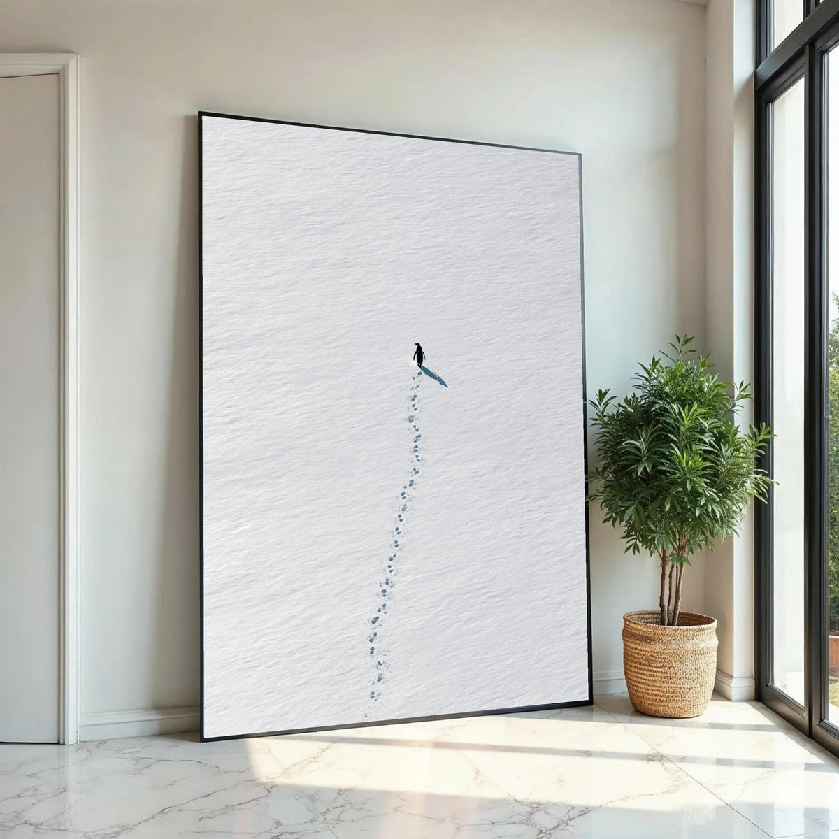 Minimalist Penguin Walk Canvas, Snow Footprints Wall Art, Arctic Animal Print, Modern Nature Canvas, Scandinavian Ready To Hang Decoration