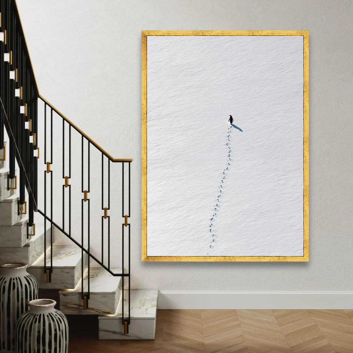 Minimalist Penguin Walk Canvas, Snow Footprints Wall Art, Arctic Animal Print, Modern Nature Canvas, Scandinavian Ready To Hang Decoration