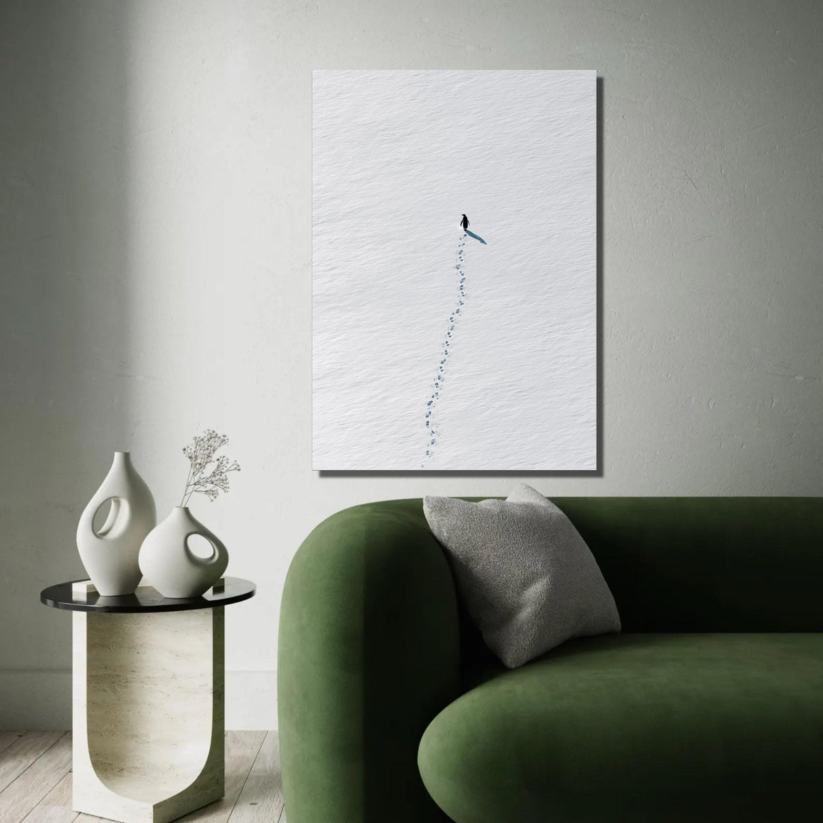 Minimalist Penguin Walk Canvas, Snow Footprints Wall Art, Arctic Animal Print, Modern Nature Canvas, Scandinavian Ready To Hang Decoration