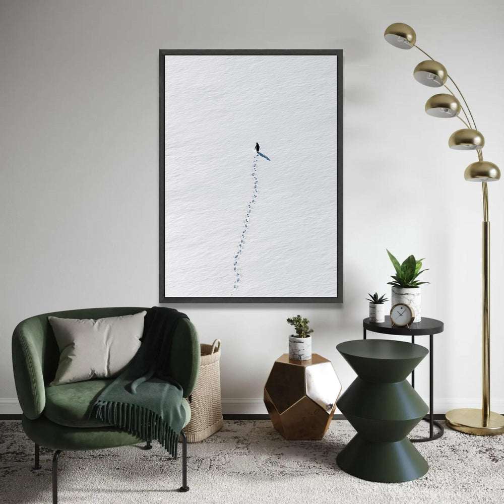 Minimalist Penguin Walk Canvas, Snow Footprints Wall Art, Arctic Animal Print, Modern Nature Canvas, Scandinavian Ready To Hang Decoration