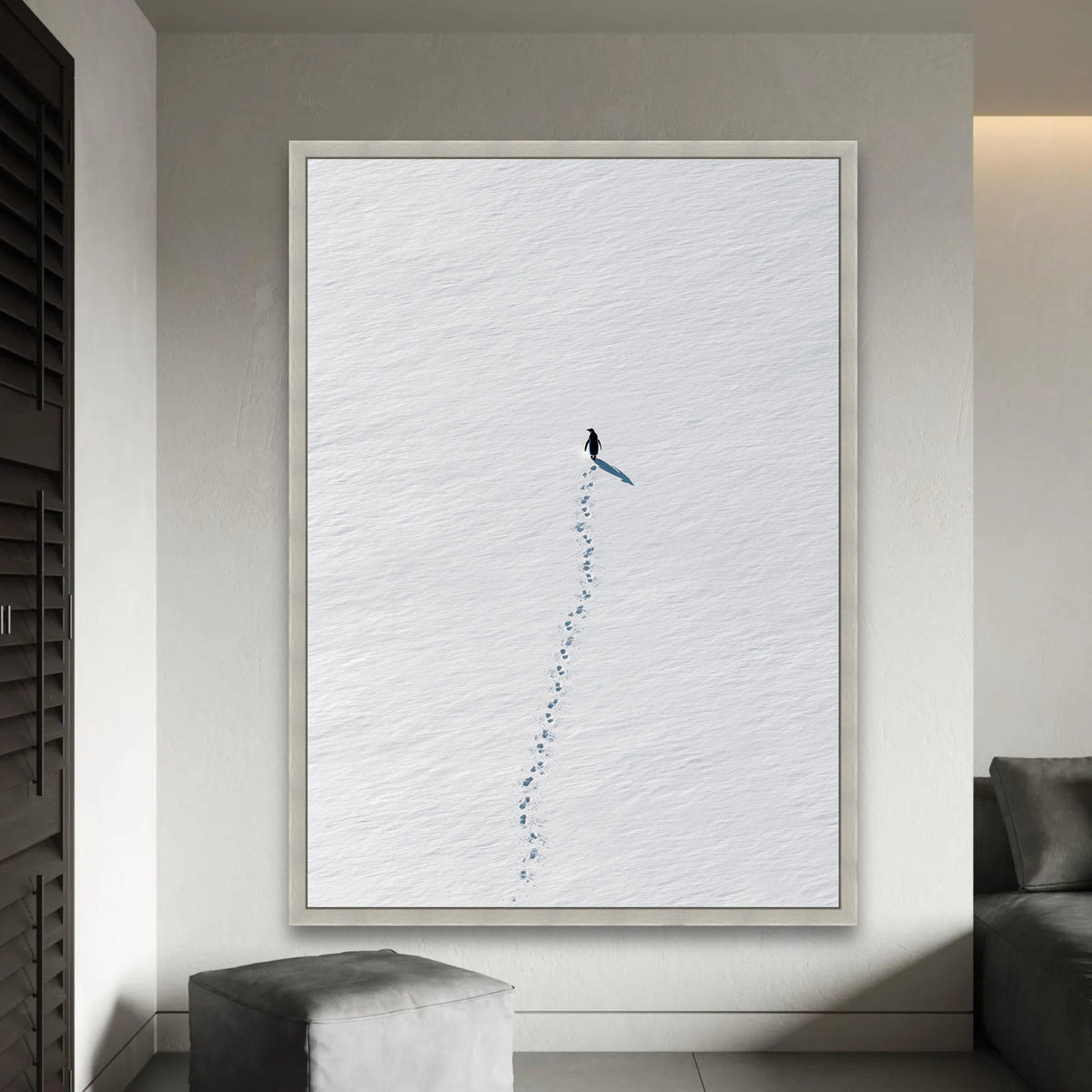 Minimalist Penguin Walk Canvas, Snow Footprints Wall Art, Arctic Animal Print, Modern Nature Canvas, Scandinavian Ready To Hang Decoration