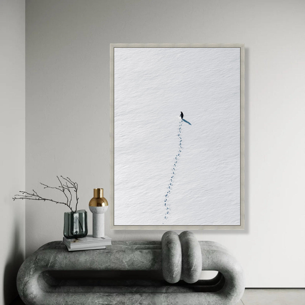 Minimalist Penguin Walk Canvas, Snow Footprints Wall Art, Arctic Animal Print, Modern Nature Canvas, Scandinavian Ready To Hang Decoration