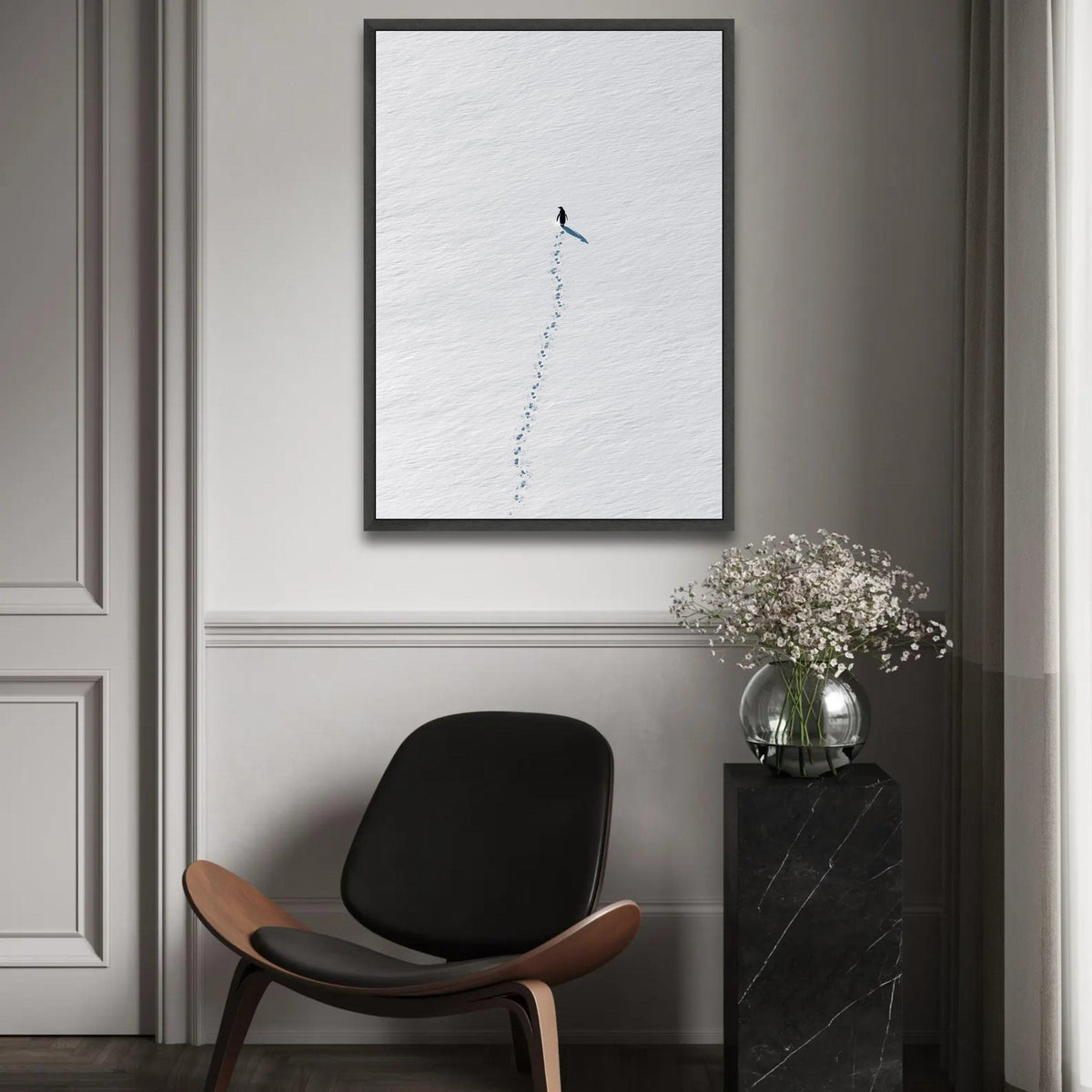 Minimalist Penguin Walk Canvas, Snow Footprints Wall Art, Arctic Animal Print, Modern Nature Canvas, Scandinavian Ready To Hang Decoration