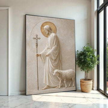 Jesus with Lamb Canvas Wall Art, Religious Christian Decor, Spiritual Shepherd Painting, Faith Home Decoration, Ready To Hang Decoration
