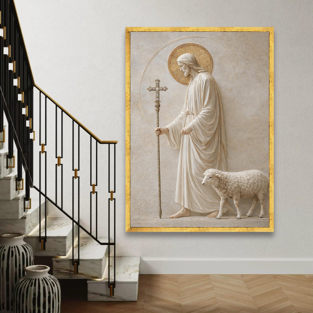 Jesus with Lamb Canvas Wall Art, Religious Christian Decor, Spiritual Shepherd Painting, Faith Home Decoration, Ready To Hang Decoration