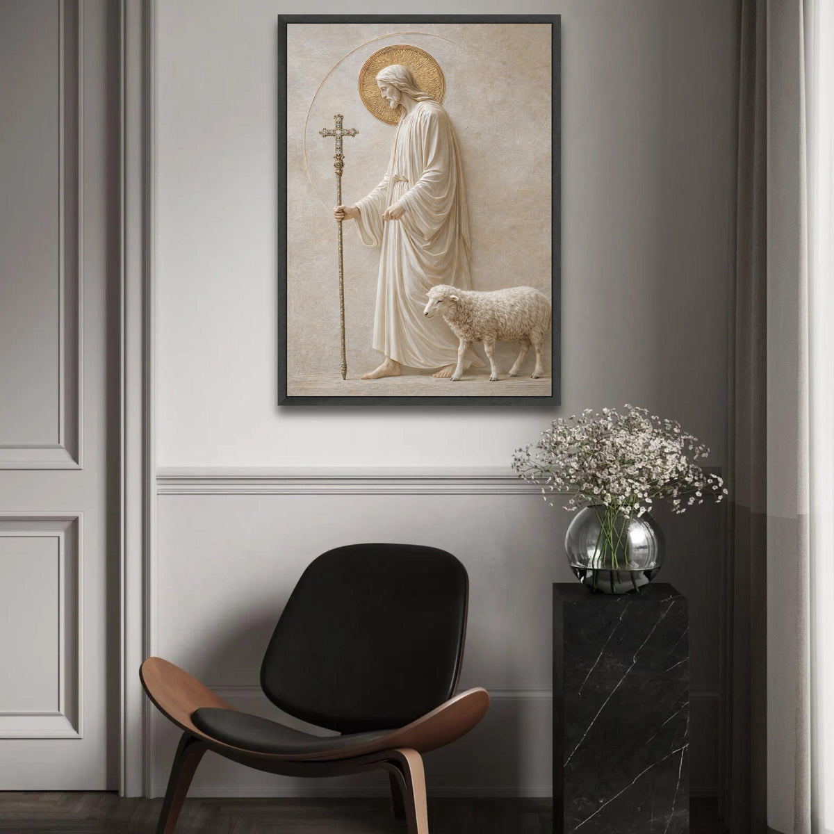 Jesus with Lamb Canvas Wall Art, Religious Christian Decor, Spiritual Shepherd Painting, Faith Home Decoration, Ready To Hang Decoration