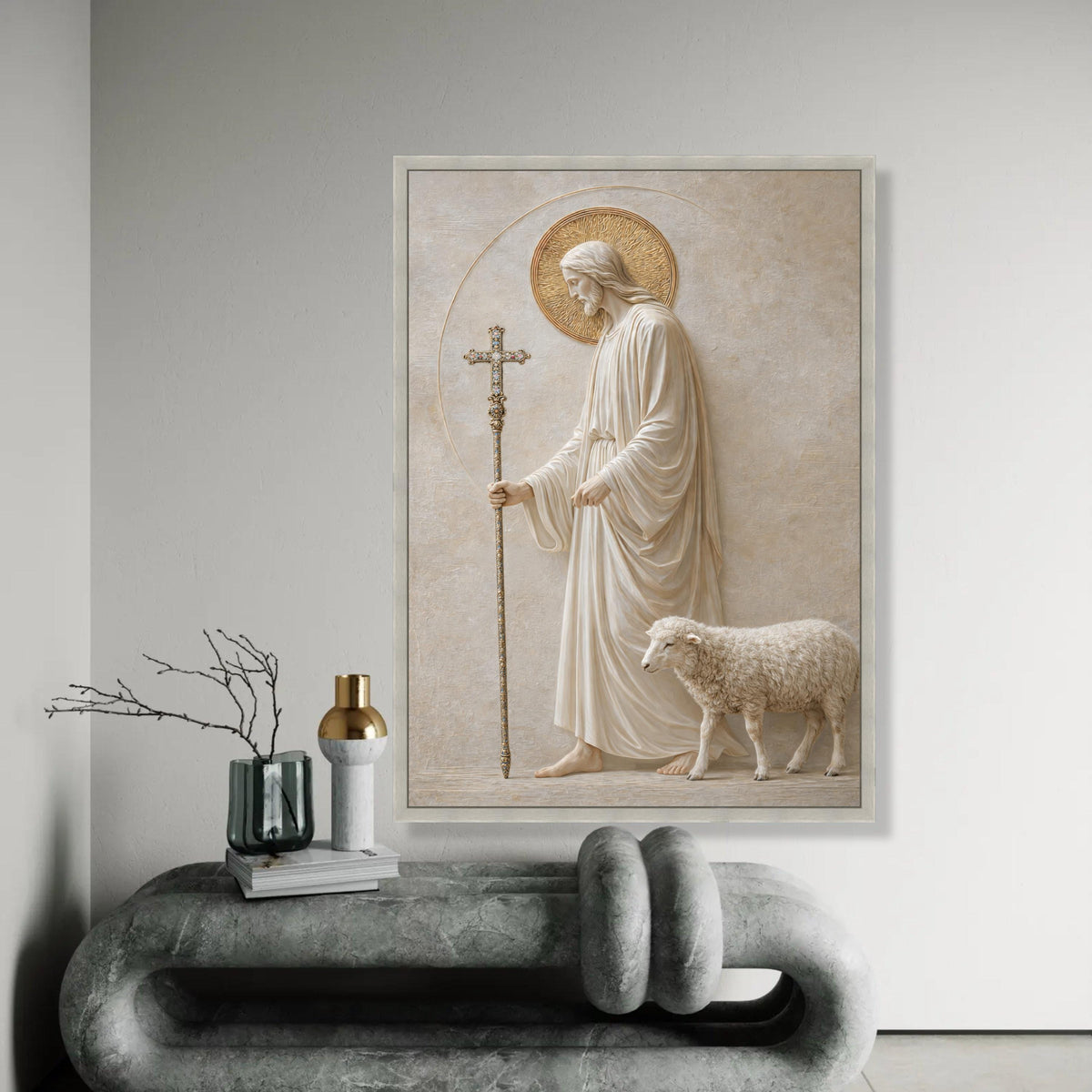Jesus with Lamb Canvas Wall Art, Religious Christian Decor, Spiritual Shepherd Painting, Faith Home Decoration, Ready To Hang Decoration