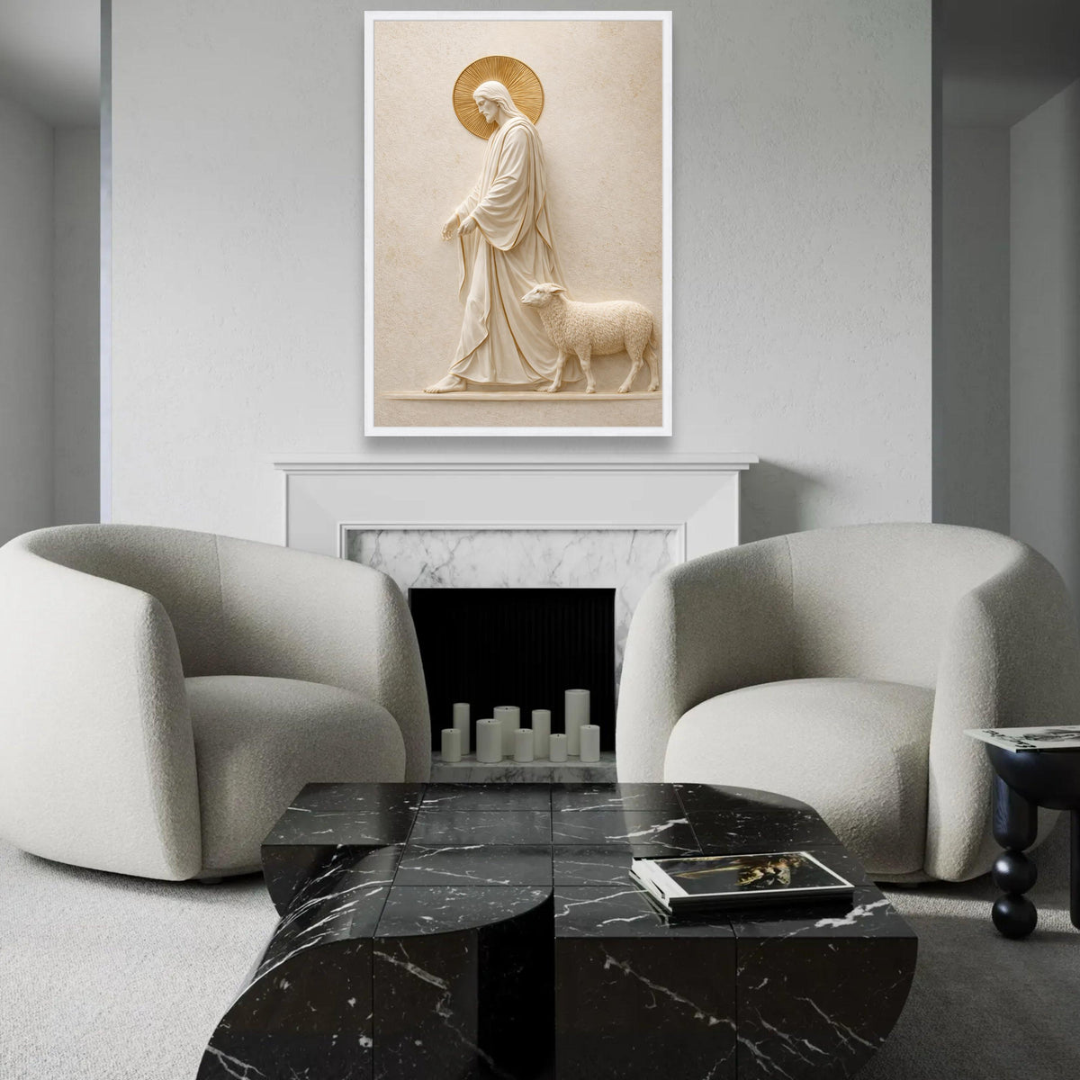 Jesus Shepherd Canvas Wall Art, Religious Christian Decor, Sacred Lamb and Christ Statue, Spiritual Home Ready To Hang Decoration