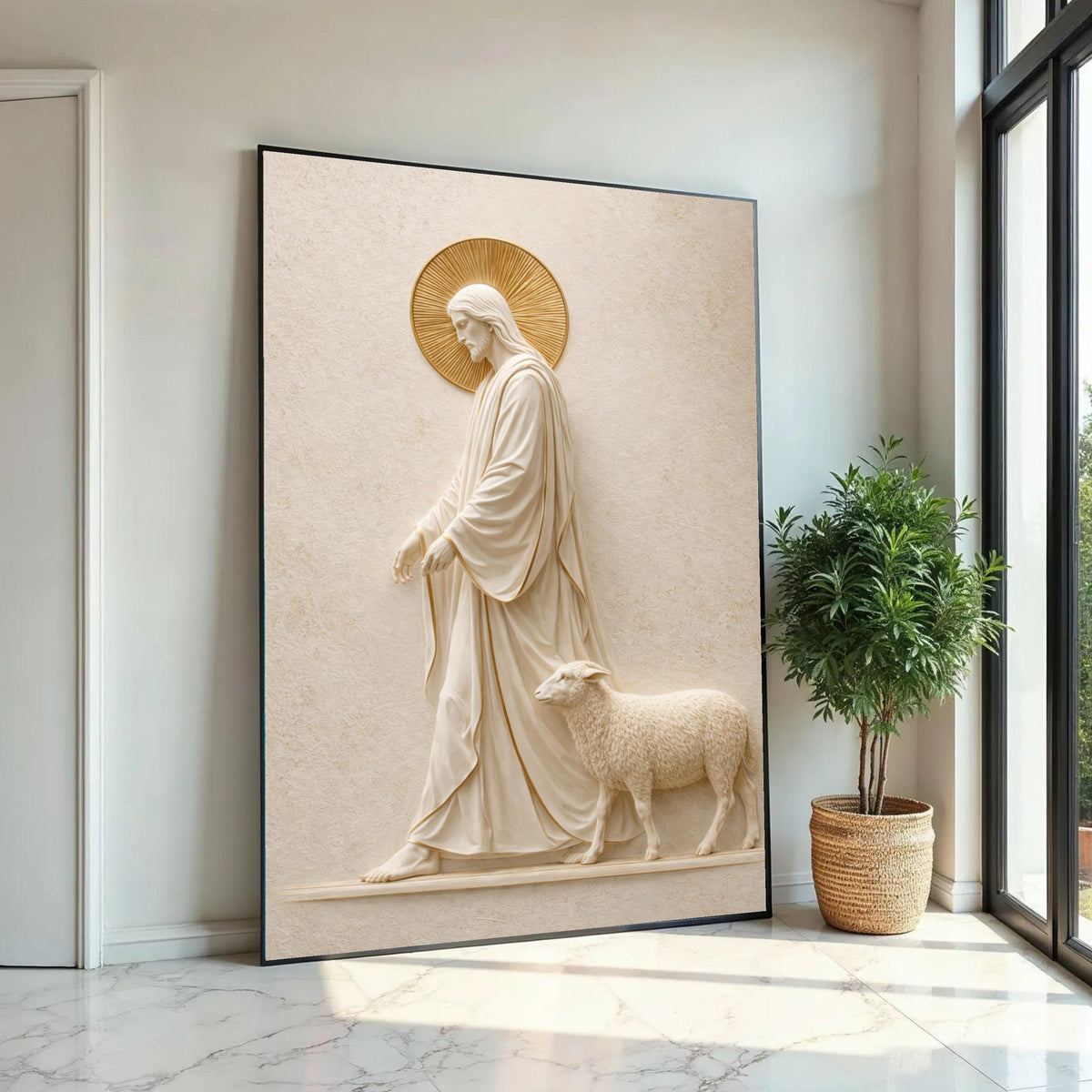 Jesus Shepherd Canvas Wall Art, Religious Christian Decor, Sacred Lamb and Christ Statue, Spiritual Home Ready To Hang Decoration