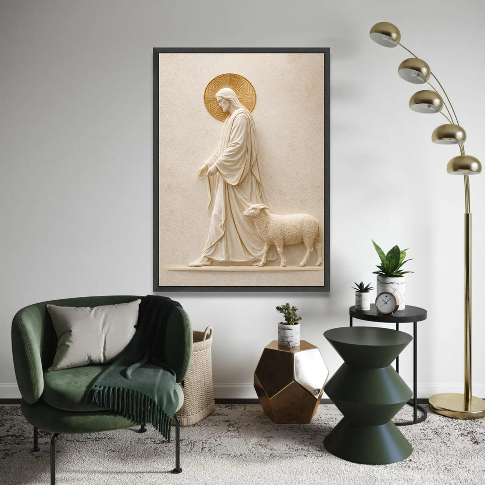 Jesus Shepherd Canvas Wall Art, Religious Christian Decor, Sacred Lamb and Christ Statue, Spiritual Home Ready To Hang Decoration