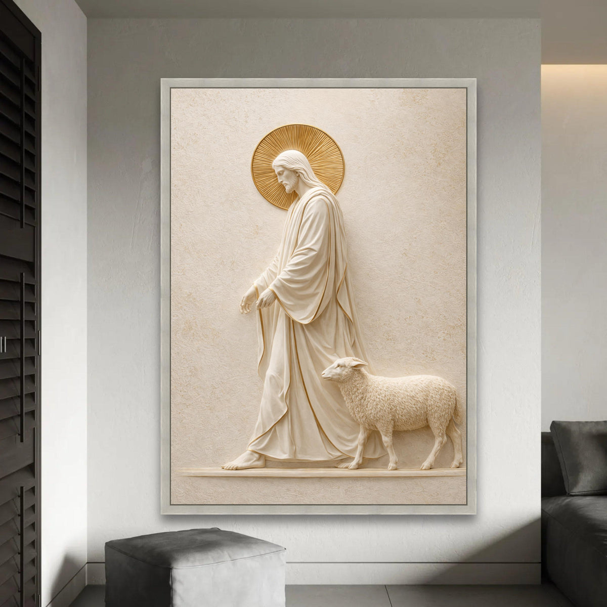 Jesus Shepherd Canvas Wall Art, Religious Christian Decor, Sacred Lamb and Christ Statue, Spiritual Home Ready To Hang Decoration