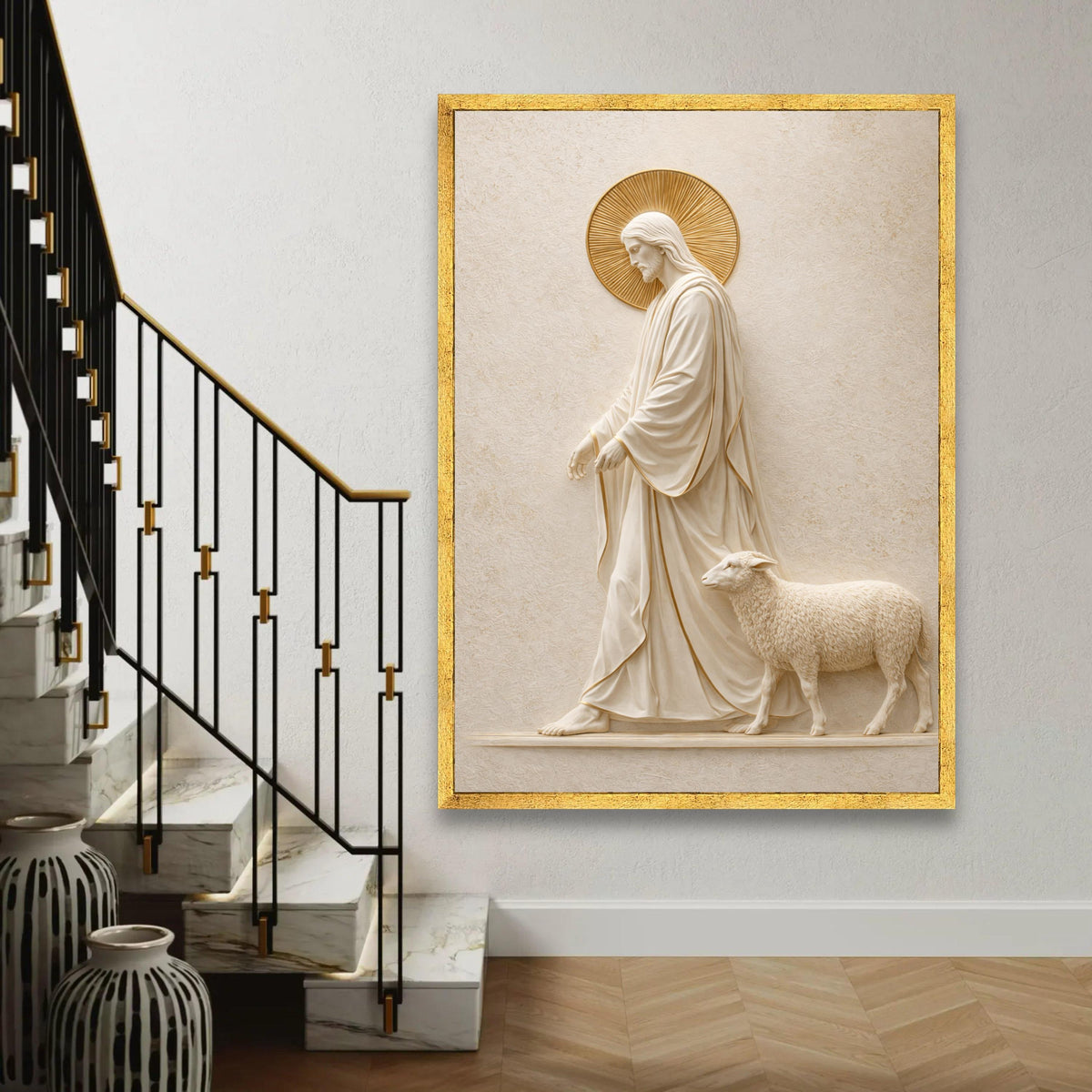 Jesus Shepherd Canvas Wall Art, Religious Christian Decor, Sacred Lamb and Christ Statue, Spiritual Home Ready To Hang Decoration