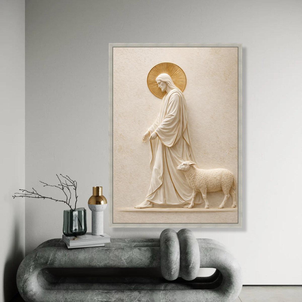 Jesus Shepherd Canvas Wall Art, Religious Christian Decor, Sacred Lamb and Christ Statue, Spiritual Home Ready To Hang Decoration