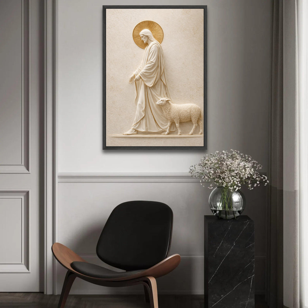 Jesus Shepherd Canvas Wall Art, Religious Christian Decor, Sacred Lamb and Christ Statue, Spiritual Home Ready To Hang Decoration