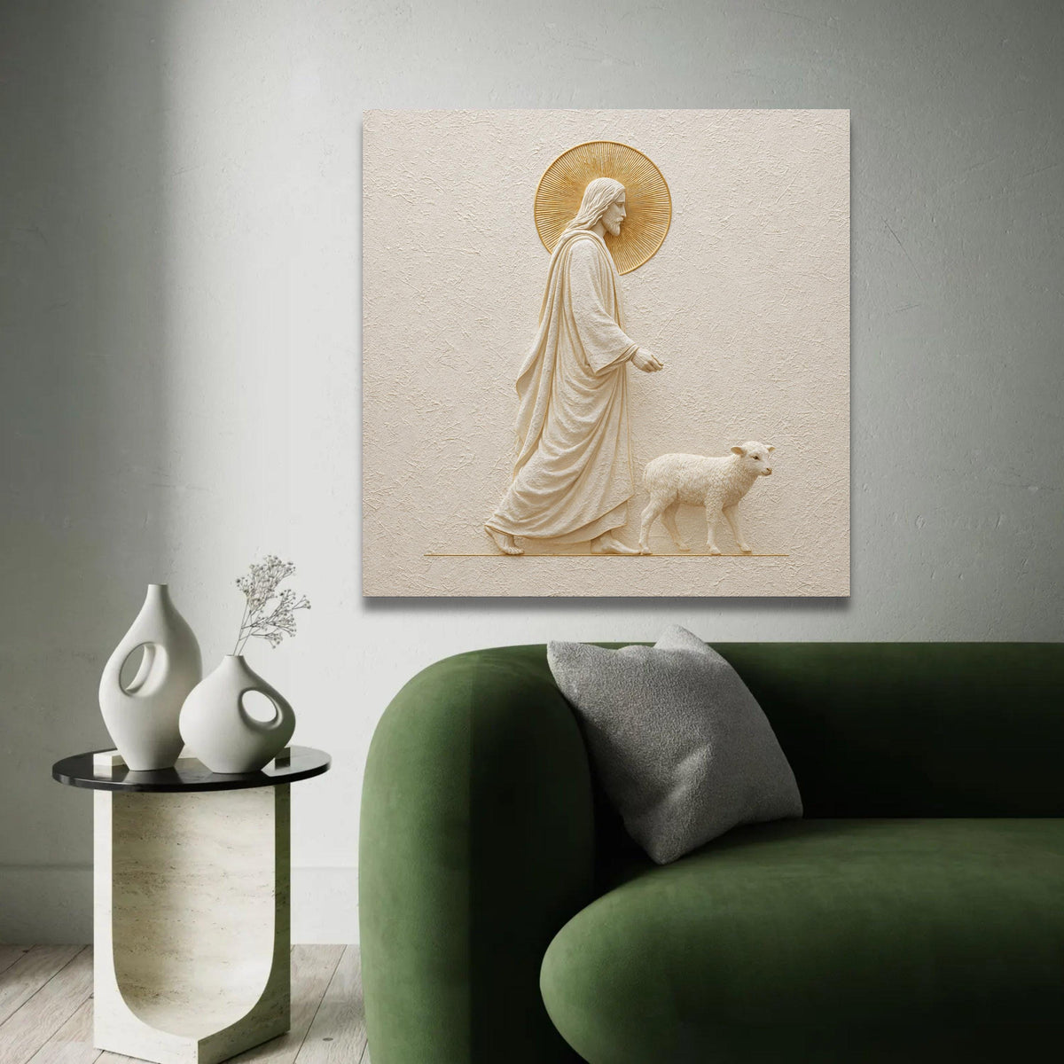 Jesus Shepherd Walking with Lamb Canvas Wall Art, Religious Christian Decor, Spiritual Nativity Scene, Faith Ready To Hang Decoration