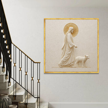 Jesus Shepherd Walking with Lamb Canvas Wall Art, Religious Christian Decor, Spiritual Nativity Scene, Faith Ready To Hang Decoration