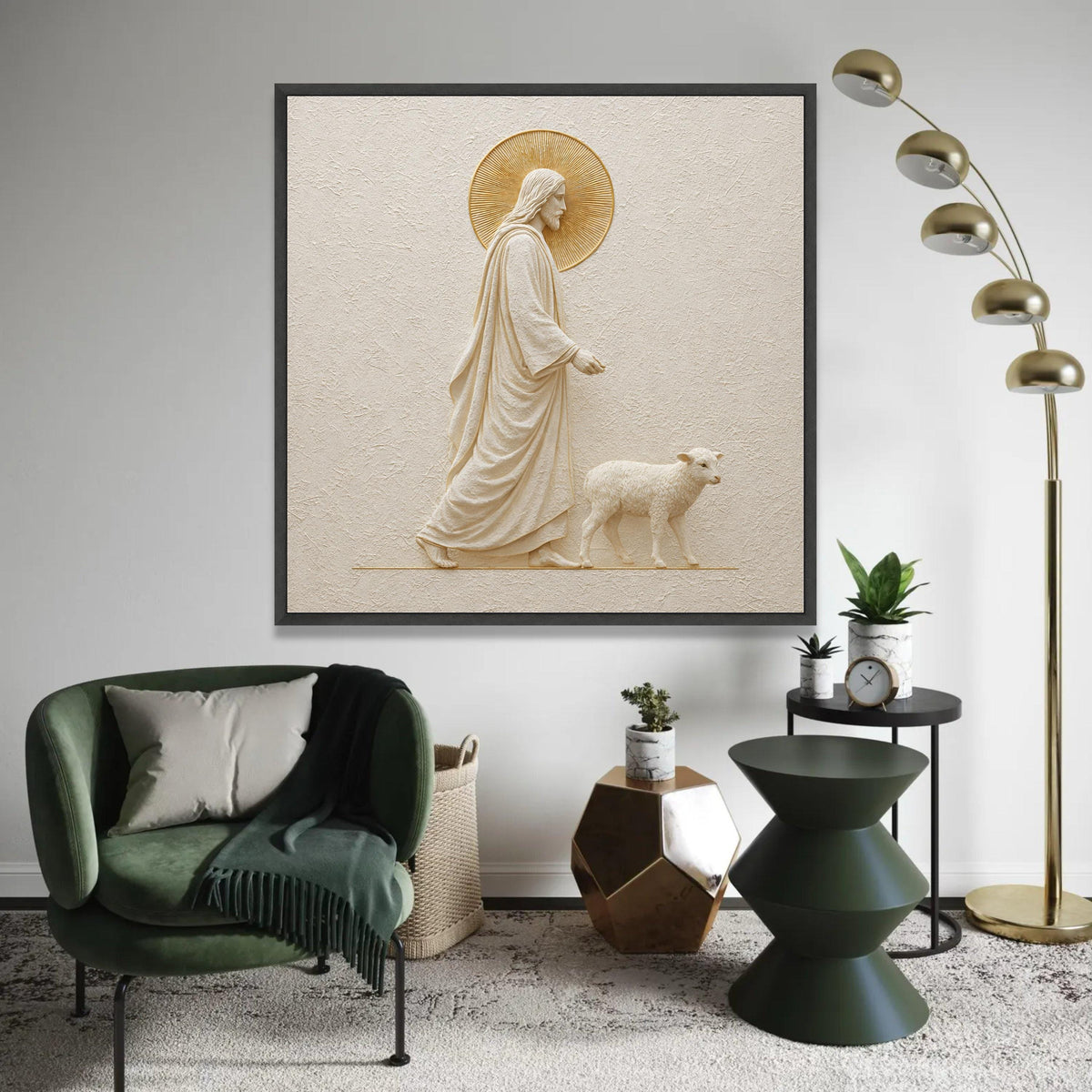 Jesus Shepherd Walking with Lamb Canvas Wall Art, Religious Christian Decor, Spiritual Nativity Scene, Faith Ready To Hang Decoration