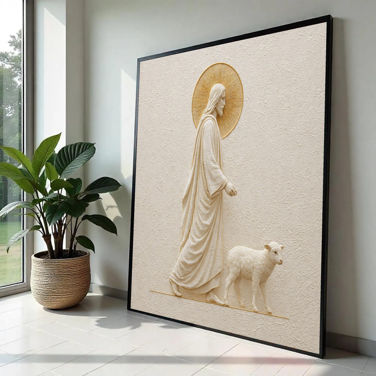 Jesus Shepherd Walking with Lamb Canvas Wall Art, Religious Christian Decor, Spiritual Nativity Scene, Faith Ready To Hang Decoration